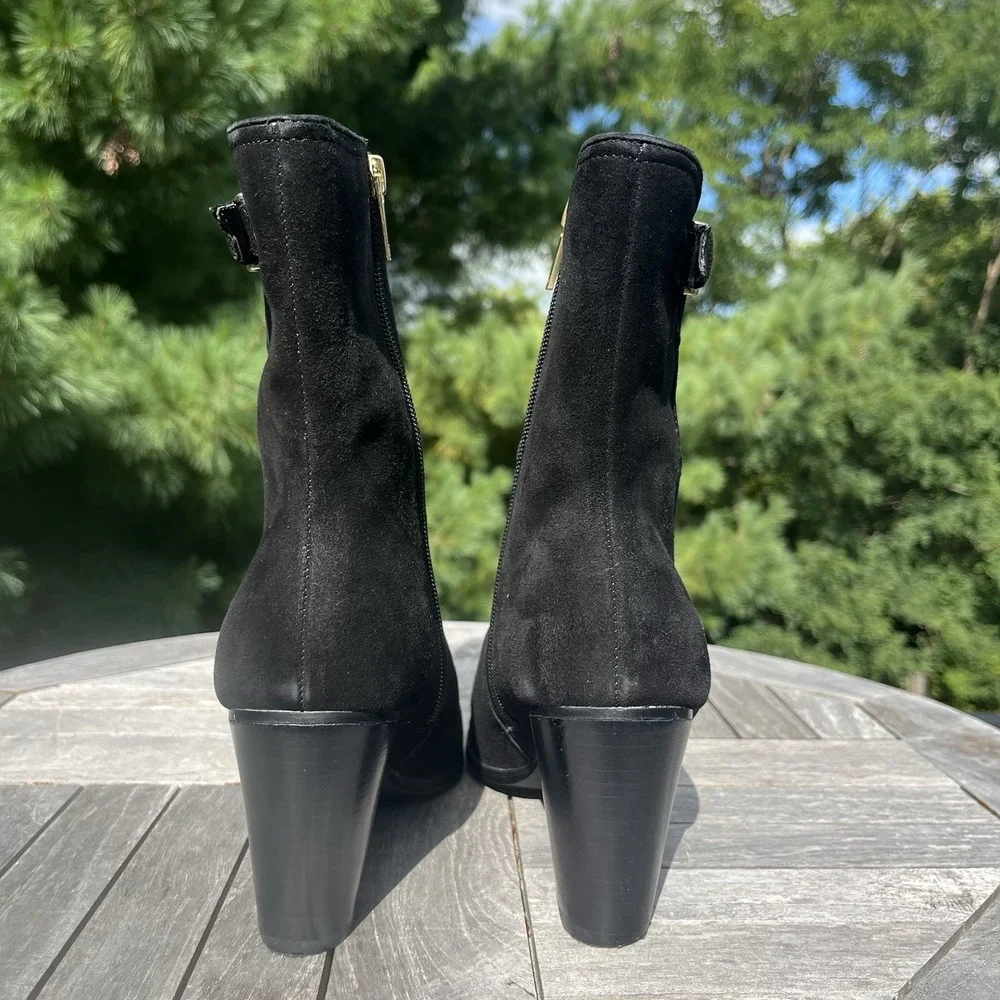 Jones New York Byberry Boots Womens Sz 7.5 Midcalf Black Suede Block Heel Buckle